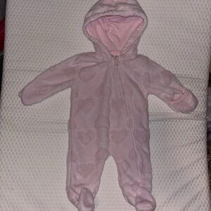 Soft Pink Heart Fleece One-Piece Hooded Infant Coverall